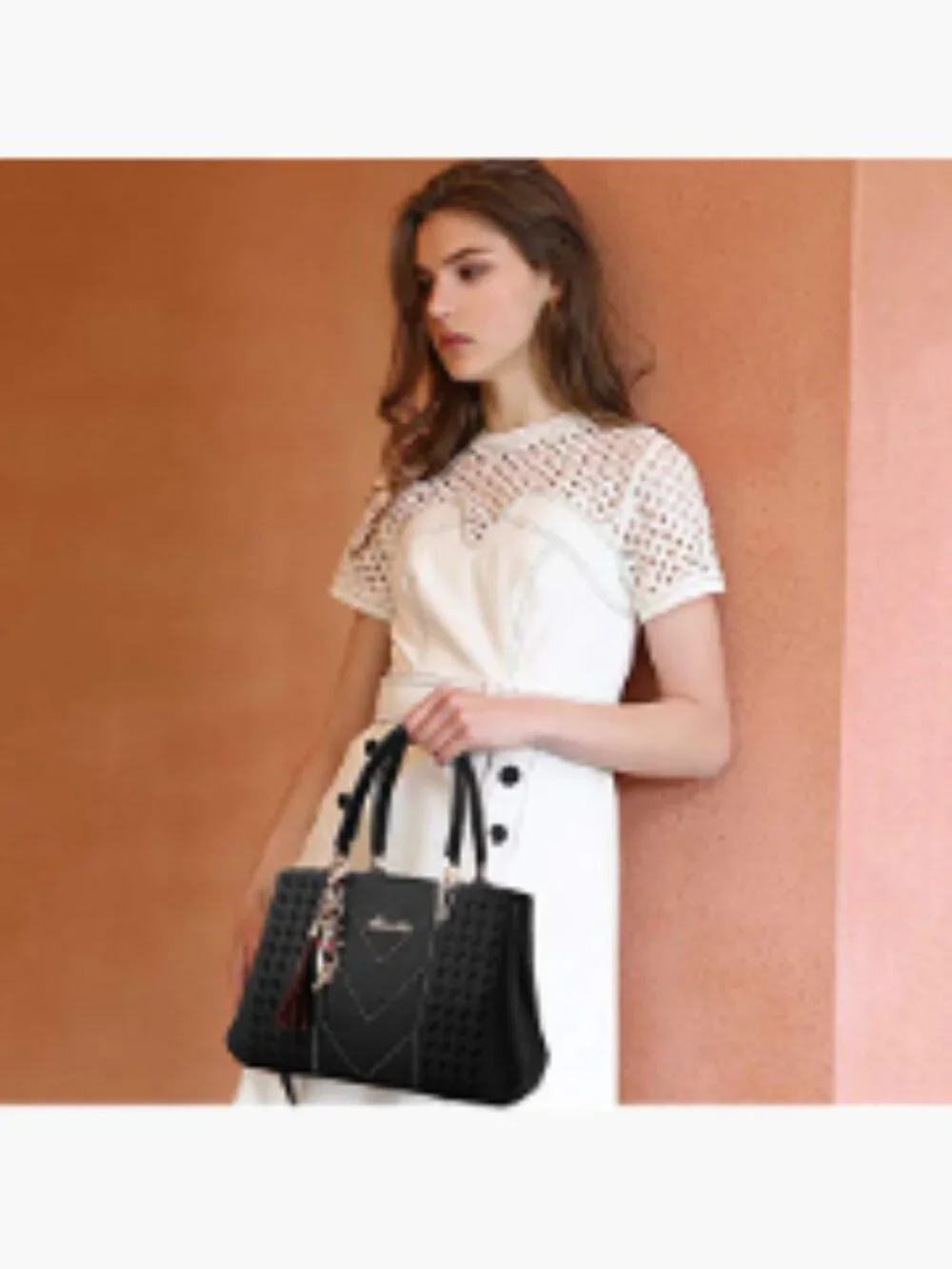 Faux Leather Satchel Tote Bag with Crossbody Strap, 7 Pockets, Medium Size